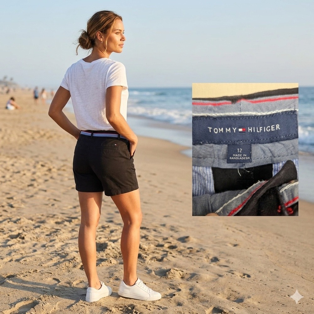 Tommy Hilfiger Womens Chino Shorts Black Size 12 Flat Front Casual Walking Short
